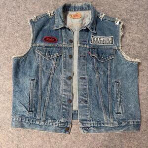 Vintage Levi Patch Rebel Greasers Social Club Denim Jean Biker Vest Size Large